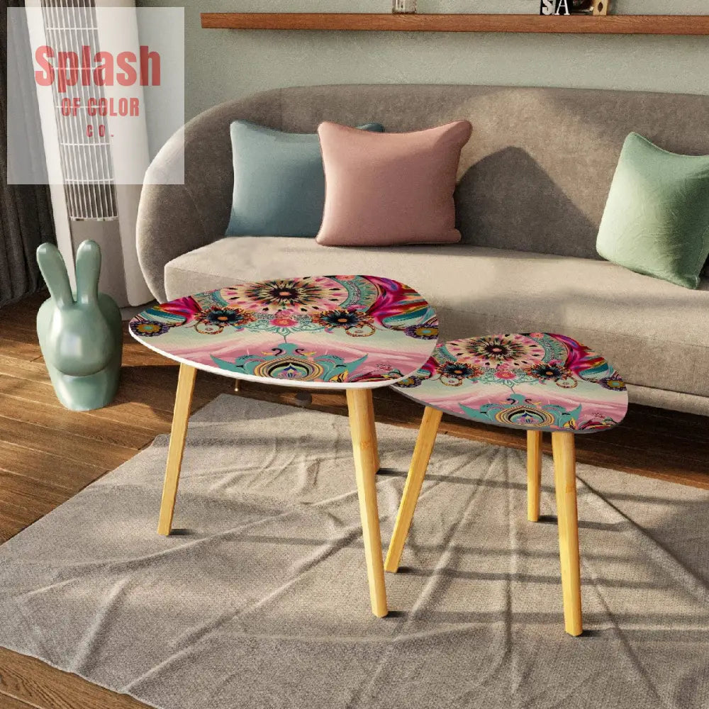 Bohemian Watercolor Bejeweled Tones Fusia Pink Blue Boho Nesting Tables One Size Home Accessories