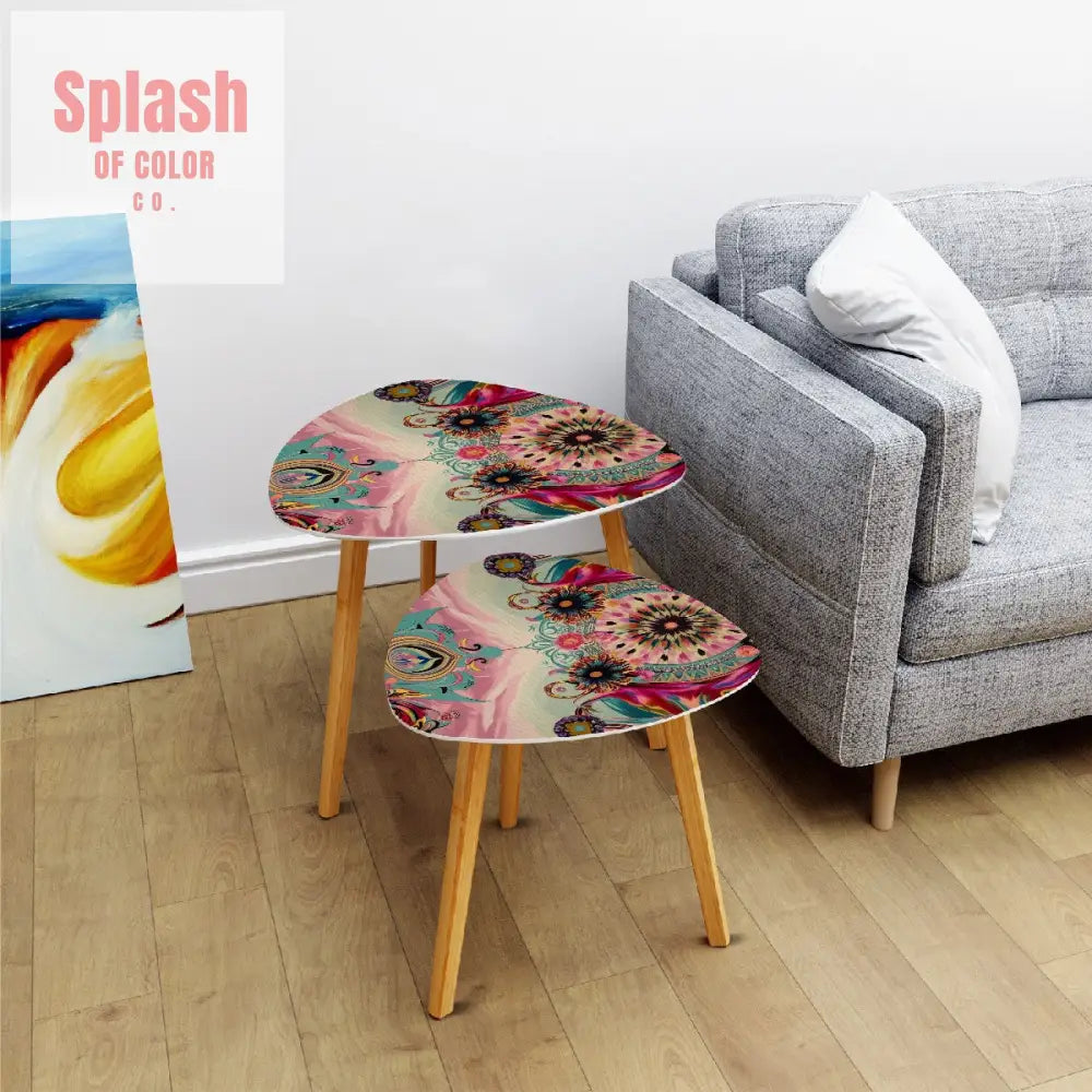 Bohemian Watercolor Bejeweled Tones Fusia Pink Blue Boho Nesting Tables One Size Home Accessories
