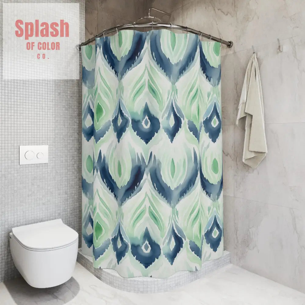 Boho Ikat Designed Shower Curtain Blue Green Abstract Ikat Watercolor Shower Curtains - Bohemian Bathroom Decor