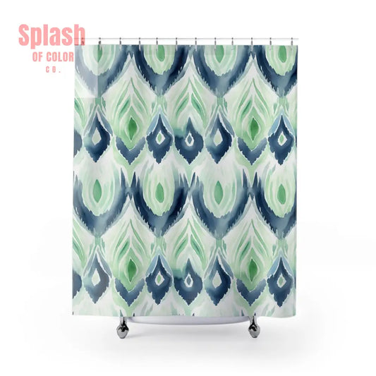 Boho Ikat Designed Shower Curtain Blue Green Abstract Ikat Watercolor Shower Curtains - Bohemian Bathroom Decor