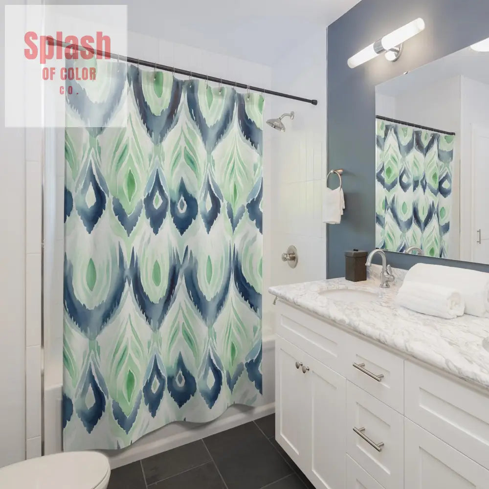 Boho Ikat Designed Shower Curtain Blue Green Abstract Ikat Watercolor Shower Curtains - Bohemian Bathroom Decor