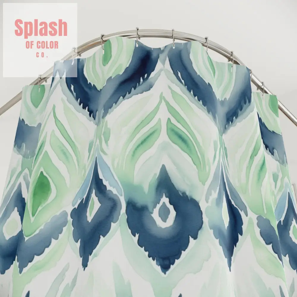 Boho Ikat Designed Shower Curtain Blue Green Abstract Ikat Watercolor Shower Curtains - Bohemian Bathroom Decor