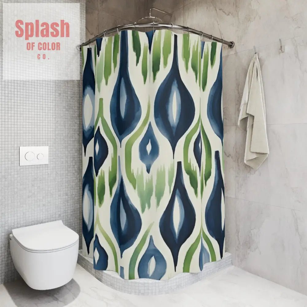 Boho Ikat Shower Curtain Navy Blue Green Ikat Abstract Bohemian Chic Home Watercolor Pattern Modern Unique Design