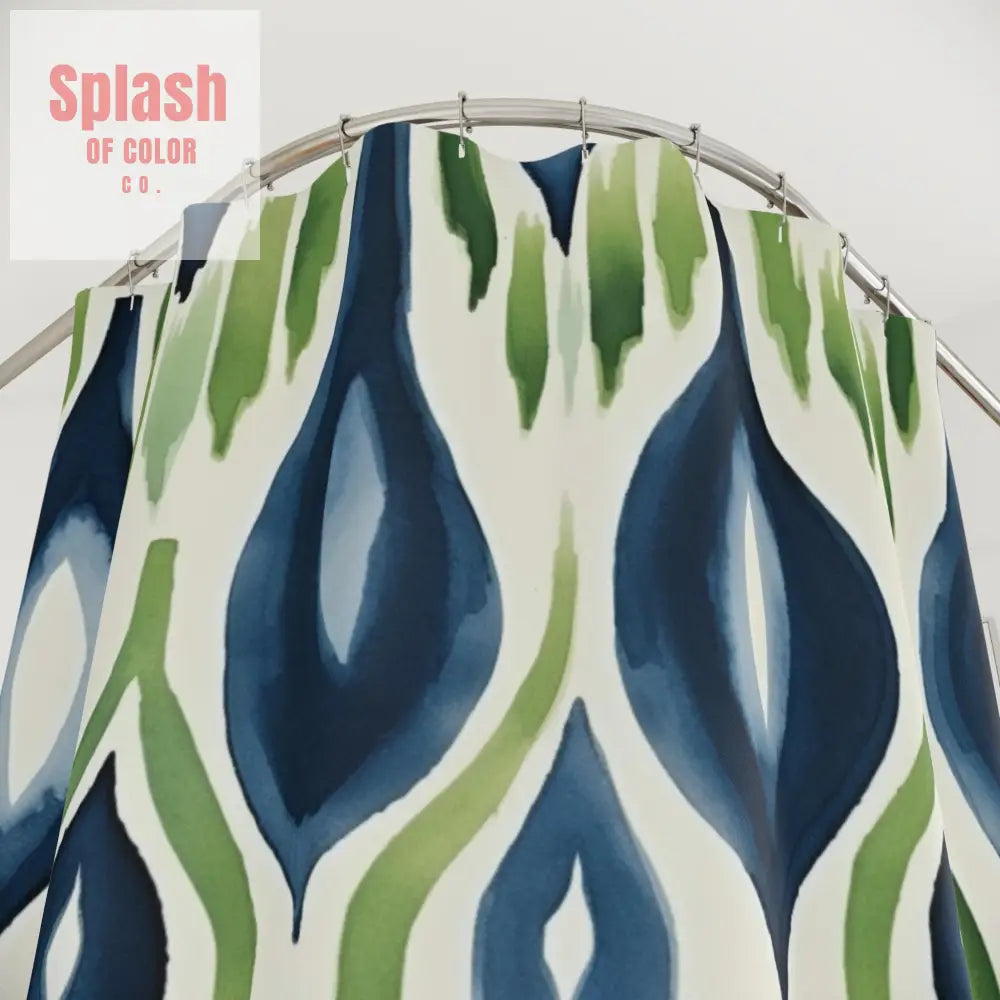 Boho Ikat Shower Curtain Navy Blue Green Ikat Abstract Bohemian Chic Home Watercolor Pattern Modern Unique Design