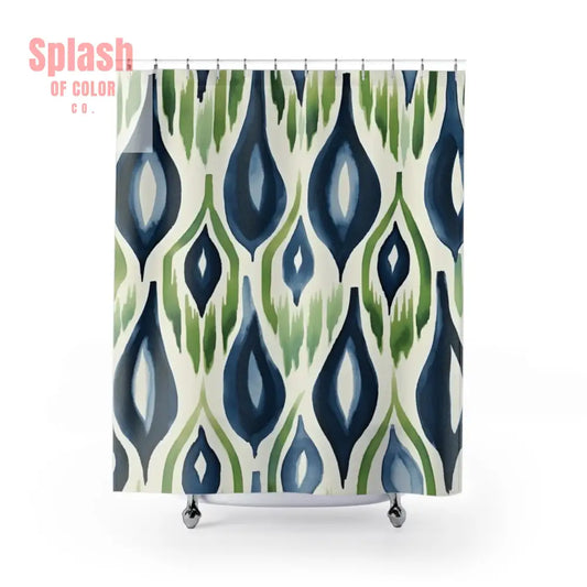 Boho Ikat Shower Curtain Navy Blue Green Ikat Abstract Bohemian Chic Home Watercolor Pattern Modern Unique Design