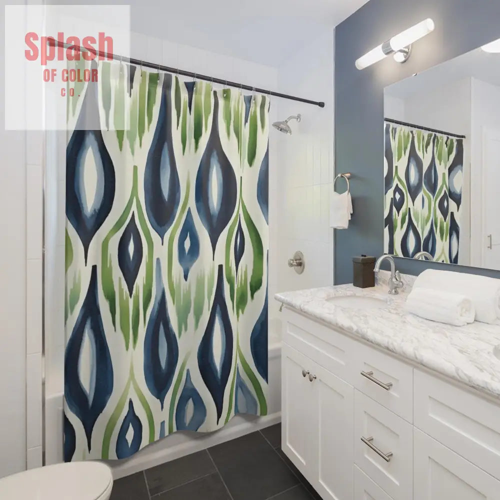 Boho Ikat Shower Curtain Navy Blue Green Ikat Abstract Bohemian Chic Home Watercolor Pattern Modern Unique Design