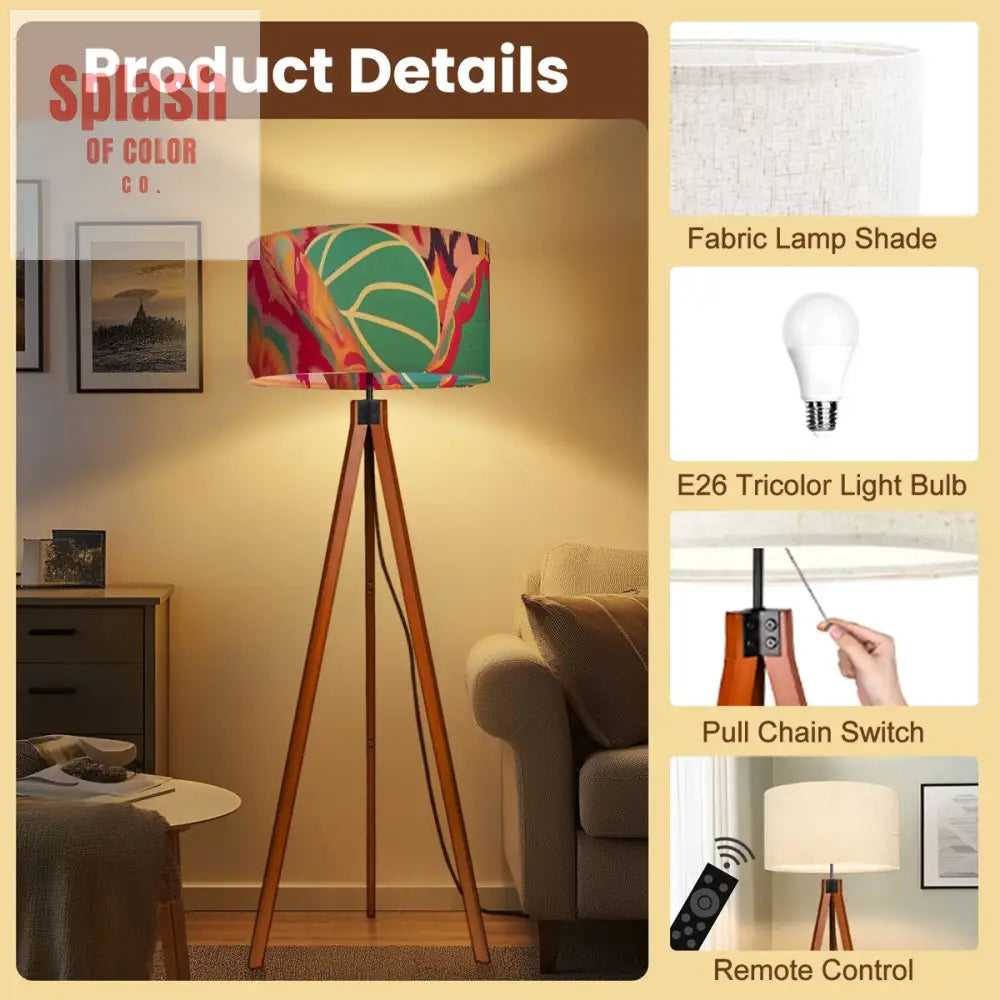 Boho Style Whimsical Watercolor Fusia Pink Teal Modern Tripod Floor Lamp 17.5’’x59.4’’ Floor Lamps