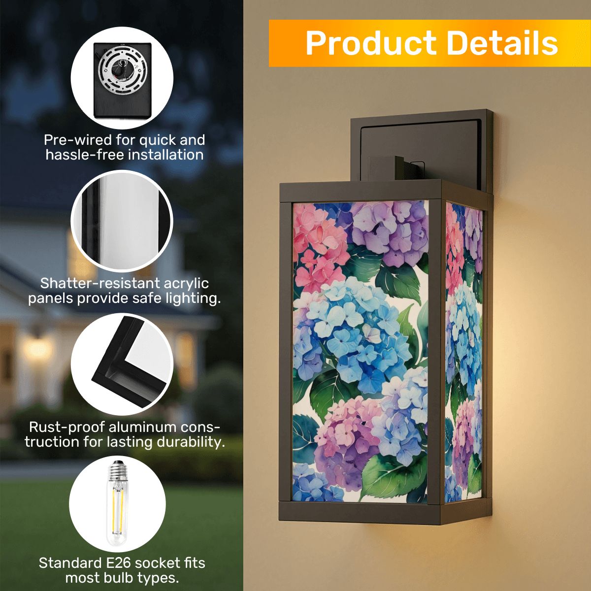 Burst of Hydrangeas Purple Blue Pink Zen Garden Patio Wall Light Sconce - One Size - Wall Lighting