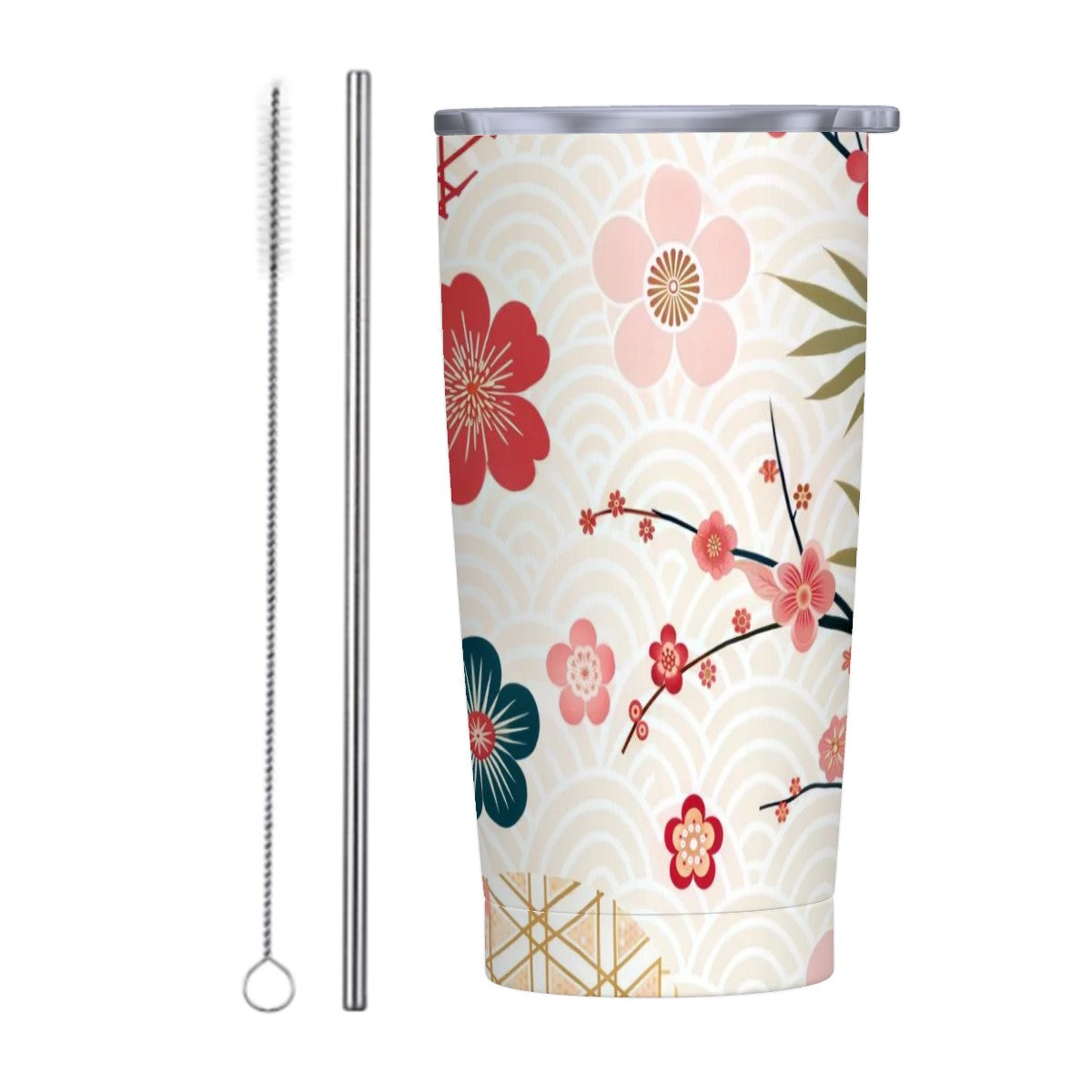Asian Cherry Blossom Floral Stainless Steel Insulated Tumblers with Lid & Straw