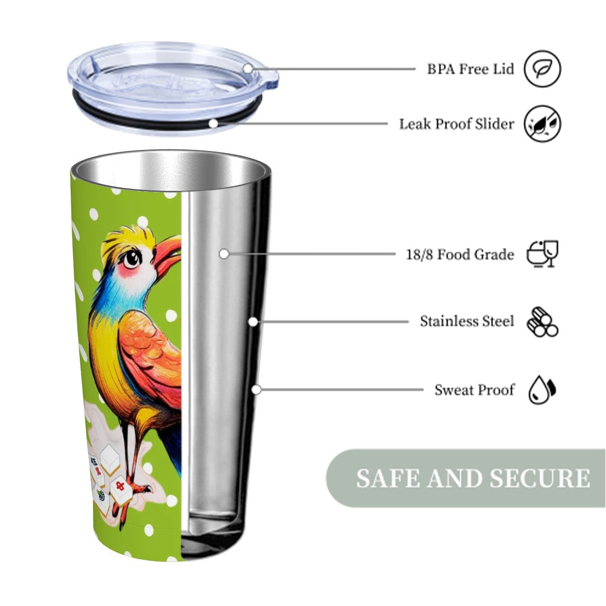 Quirky One Bam Bird Citrus Green Polka Dot Mahjong Tumbler