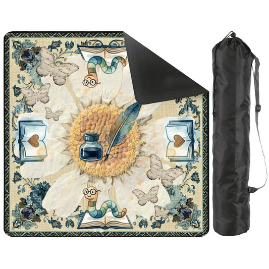 Once Upon A Mahjong Ink And Ivory Faux Embroidered Book Worm Mahjong Mat - Splash of Color Co.