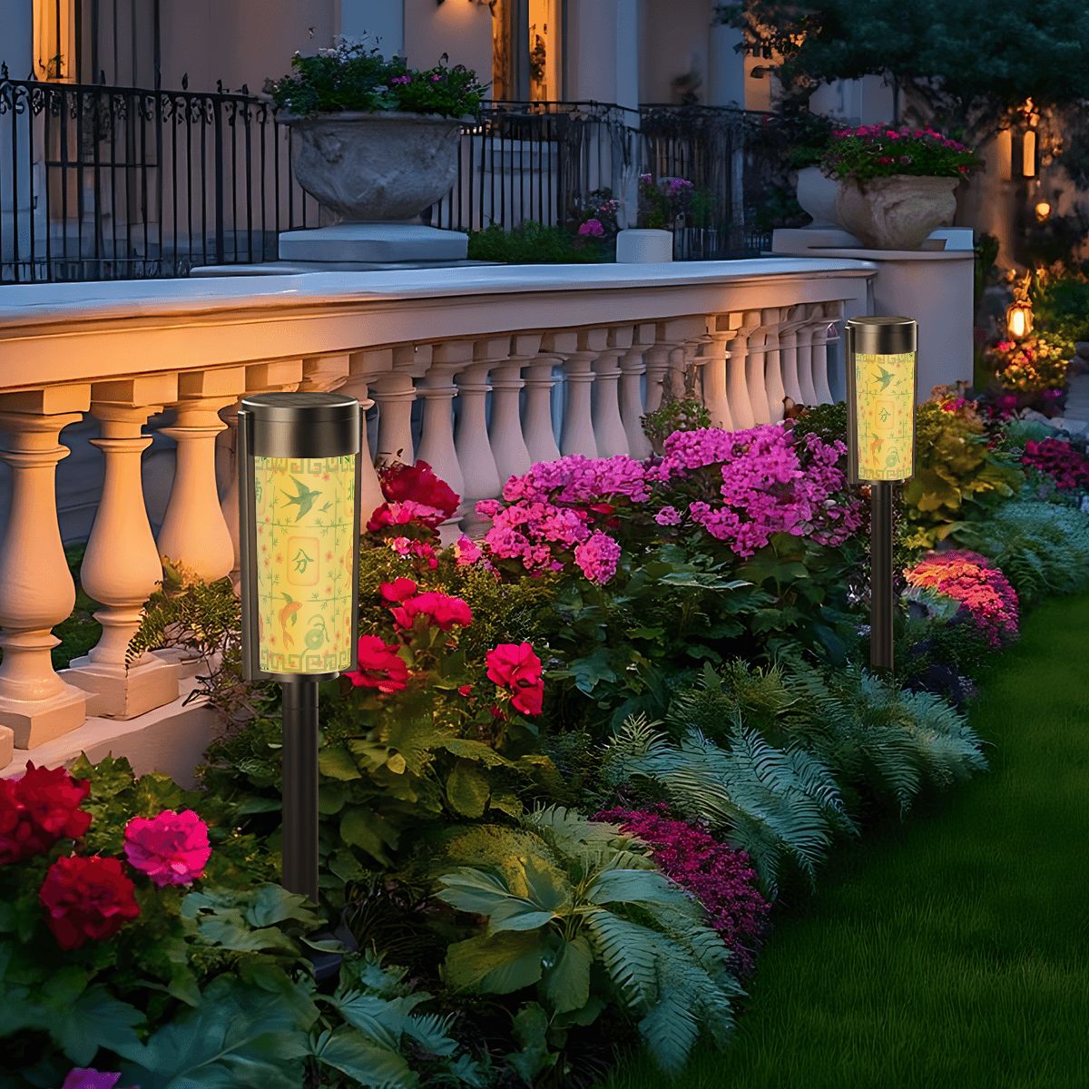Asian Zen Garden Mahjong Lover, Pastel Tiles, Floral Outdoor Solar Lights