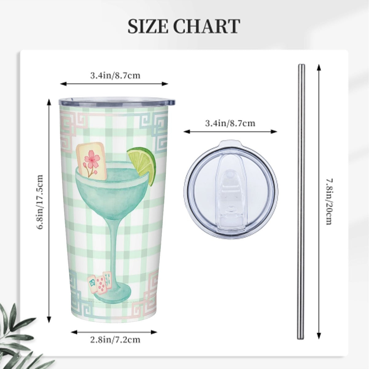 Mahjong Tumbler Gift Green Pink Gingham Preppy Stainless Steel Insulated Tumblers with Lid & Straw