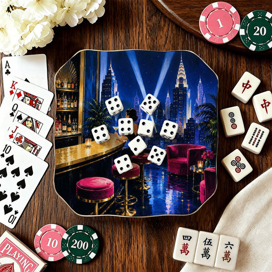 Art Deco Midnight At The Oasis Scalloped Ceramic Mahjong Dice Tray - Splash Of Mahj And Color Co.