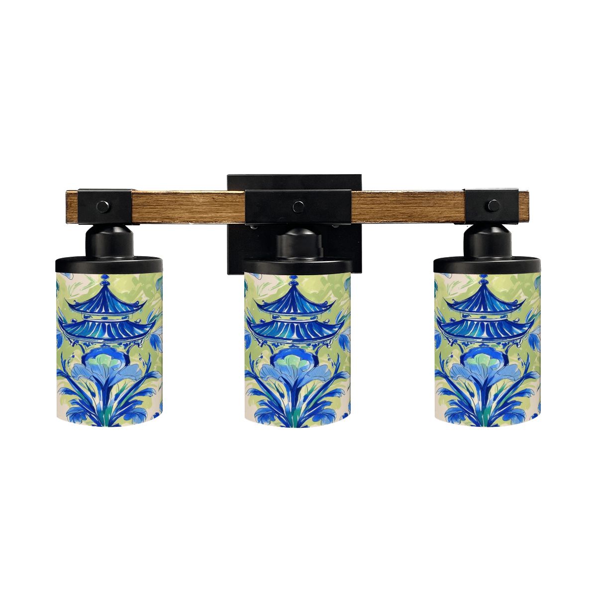 Garden Pagoda Asian Zen Floral Green Blue Vanity Light Fixture