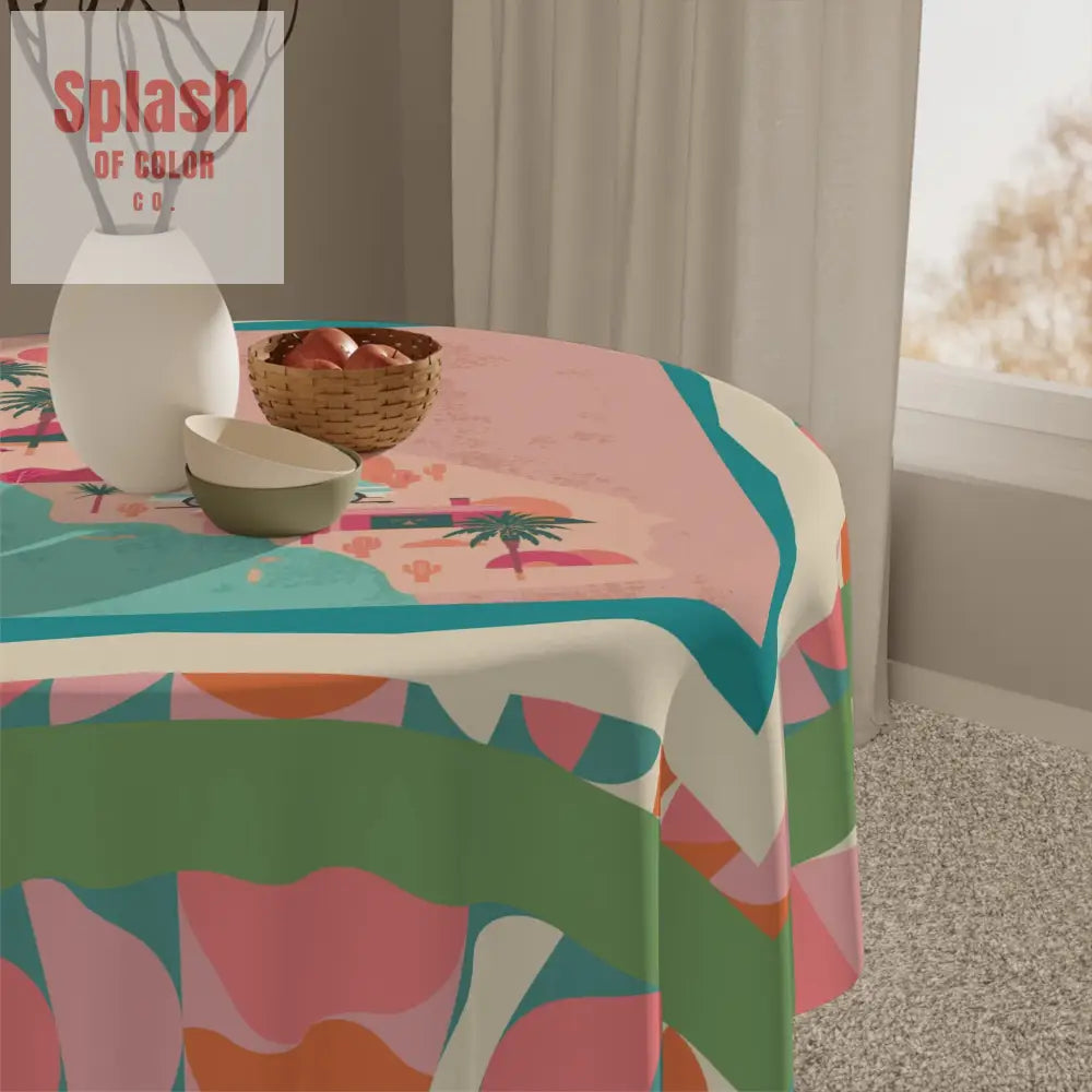California Vibes Tablecloth Coral Green Orange Pink Modern Geometric Designed Tabletop Decor - One size / White - Home