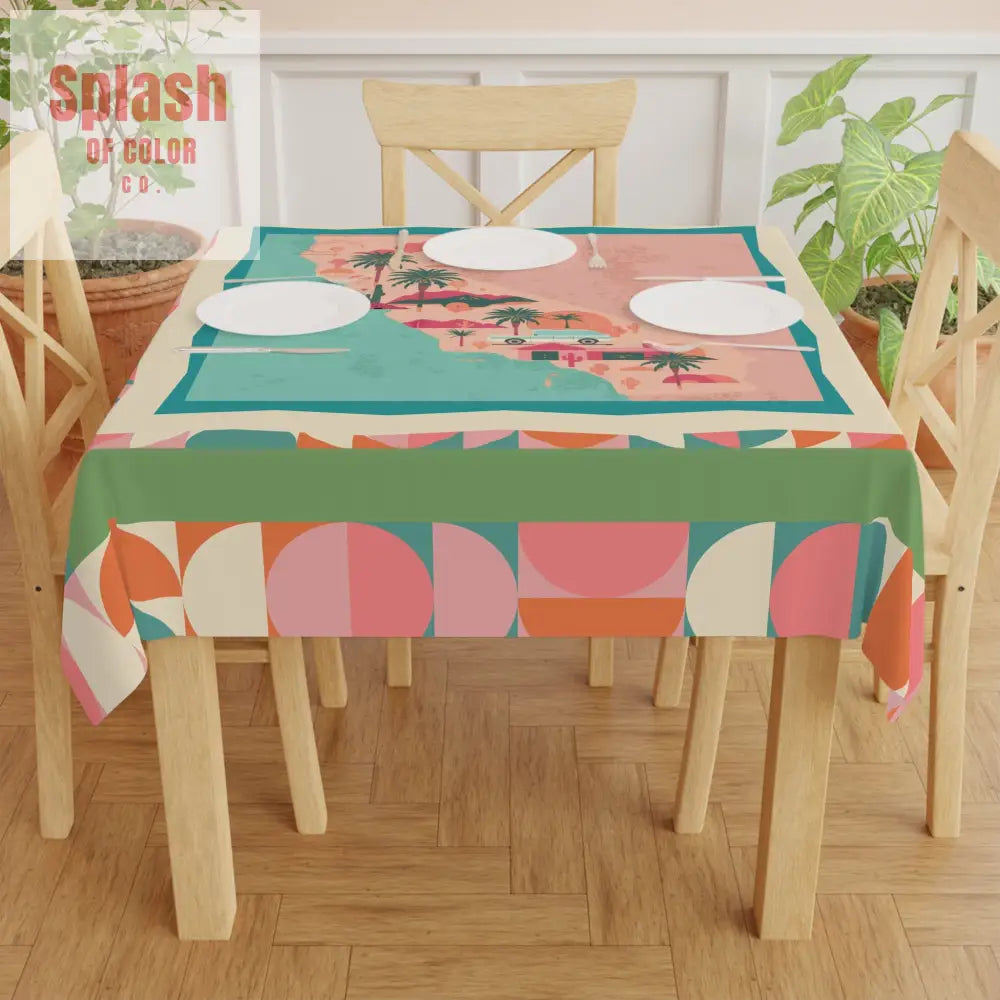 California Vibes Tablecloth Coral Green Orange Pink Modern Geometric Designed Tabletop Decor - One size / White - Home