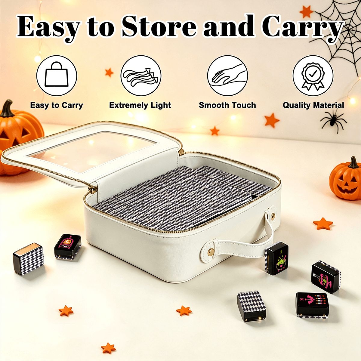 Halloween Harlequin Mahjong Engraved Tiles, Gothic Dessert With Carry Case