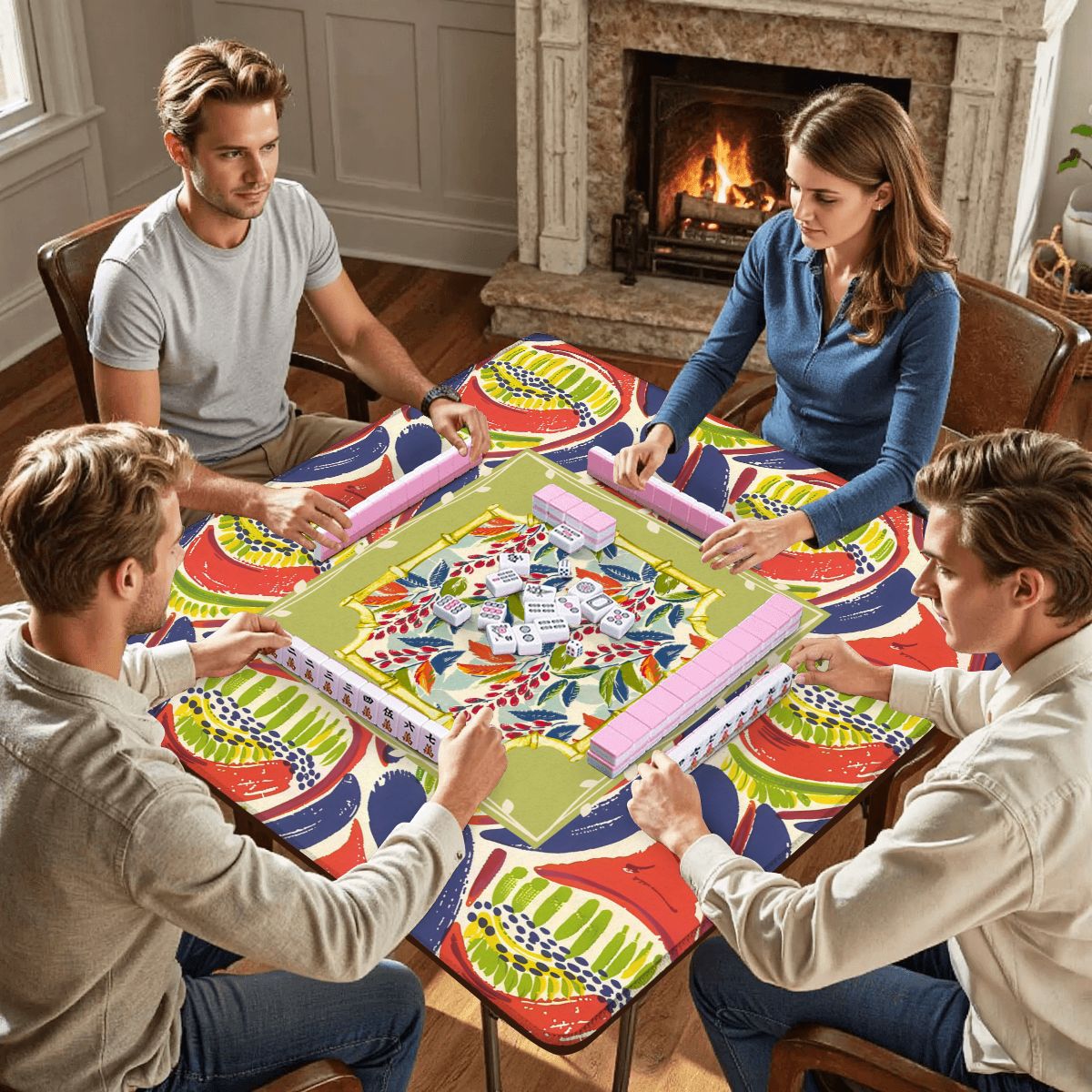 Mahjong Mat, Coral Blue Abstract Floral Modern Mahjong Mat