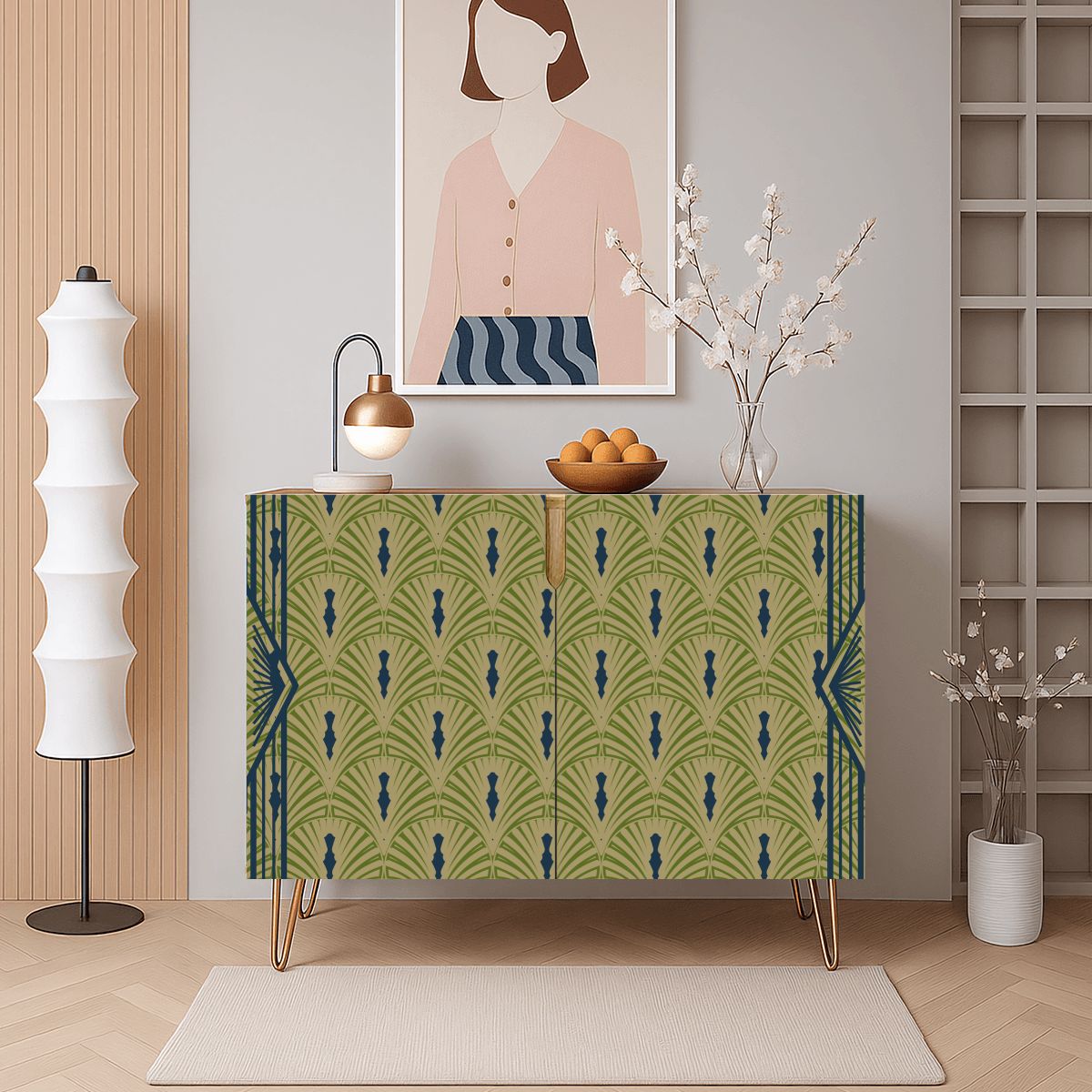 Art Deco Modern Wooden Storage Cabinet, Army Green, Royal Blue Fan Design - Splash of Color Co.