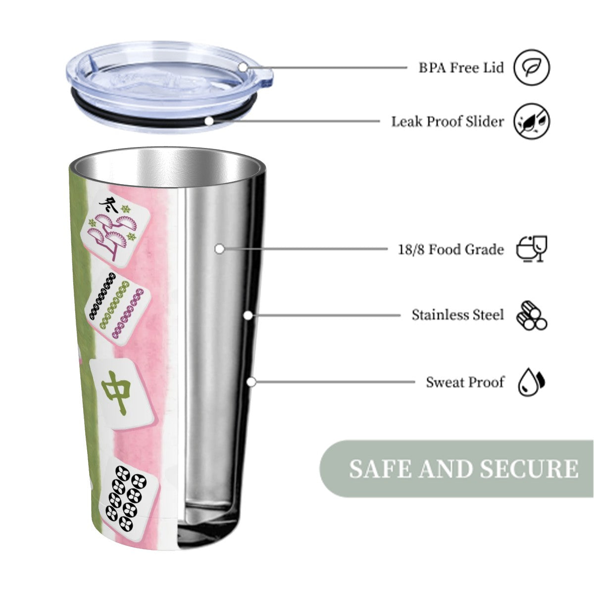 Mahjong Pink Green Mahjong Tiled Fun Designed Stainless Steel Insulated Tumbler