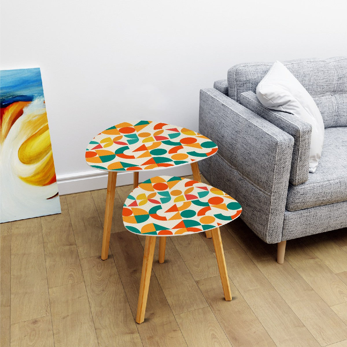 Geometric Orange, Teal Yellow, Color Pop Modern Nesting Triangle Coffee Table Set of 2