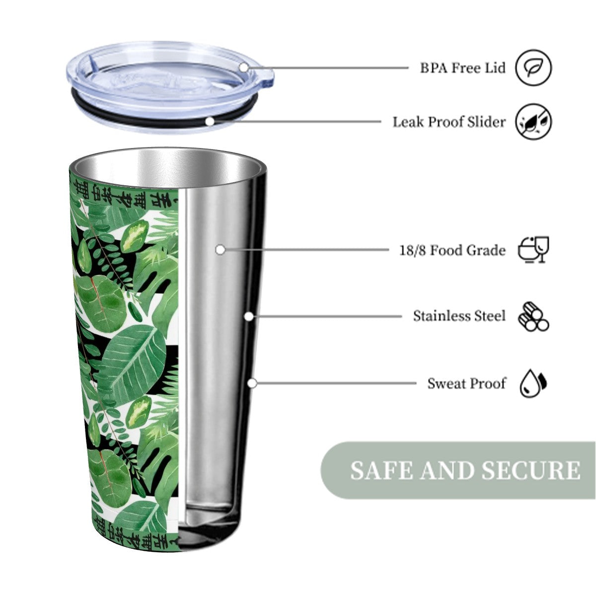 Mahjong Tropical Monstera Green Black Stainless Steel Insulated Tumblers with Lid & Straw