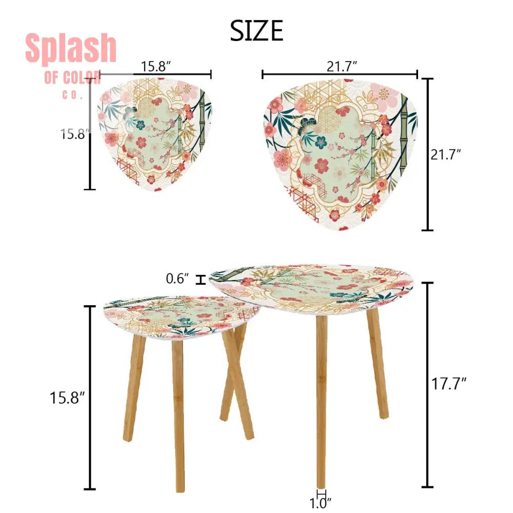 Cherry Blossom Bamboo Designed Asian Zen Triangle Nesting Coffee Table Set of 2 - One Size - Home Accessories