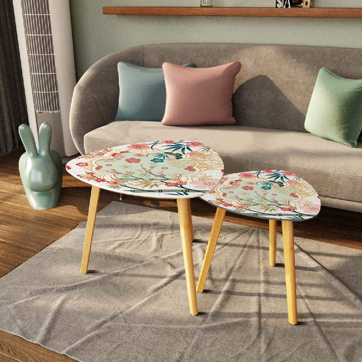Cherry Blossom Bamboo Designed Asian Zen Triangle Nesting Coffee Table Set of 2 - One Size - Home Accessories