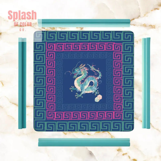 Chinese Dragon Royal Blue Hot Pink Teal Greek Key Border Mahjong Mat - Splash of Color co.