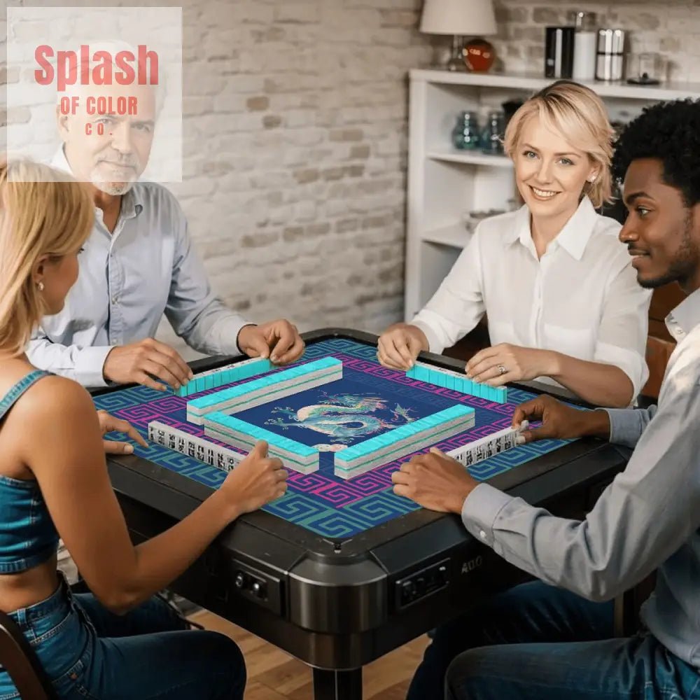 Chinese Dragon Royal Blue Hot Pink Teal Greek Key Border Mahjong Mat - Splash of Color co.