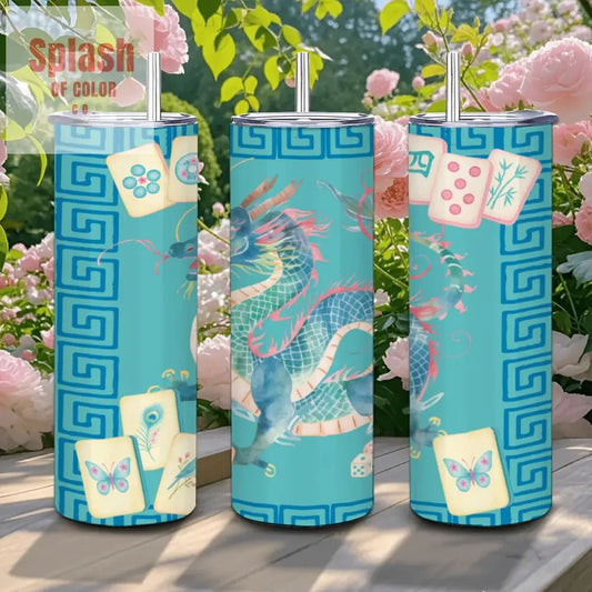 Chinese Watercolor Asian Dragon Mahjong Gift 20oz Straight Stainless Steel Tumbler with Straw - Splash of Color co.