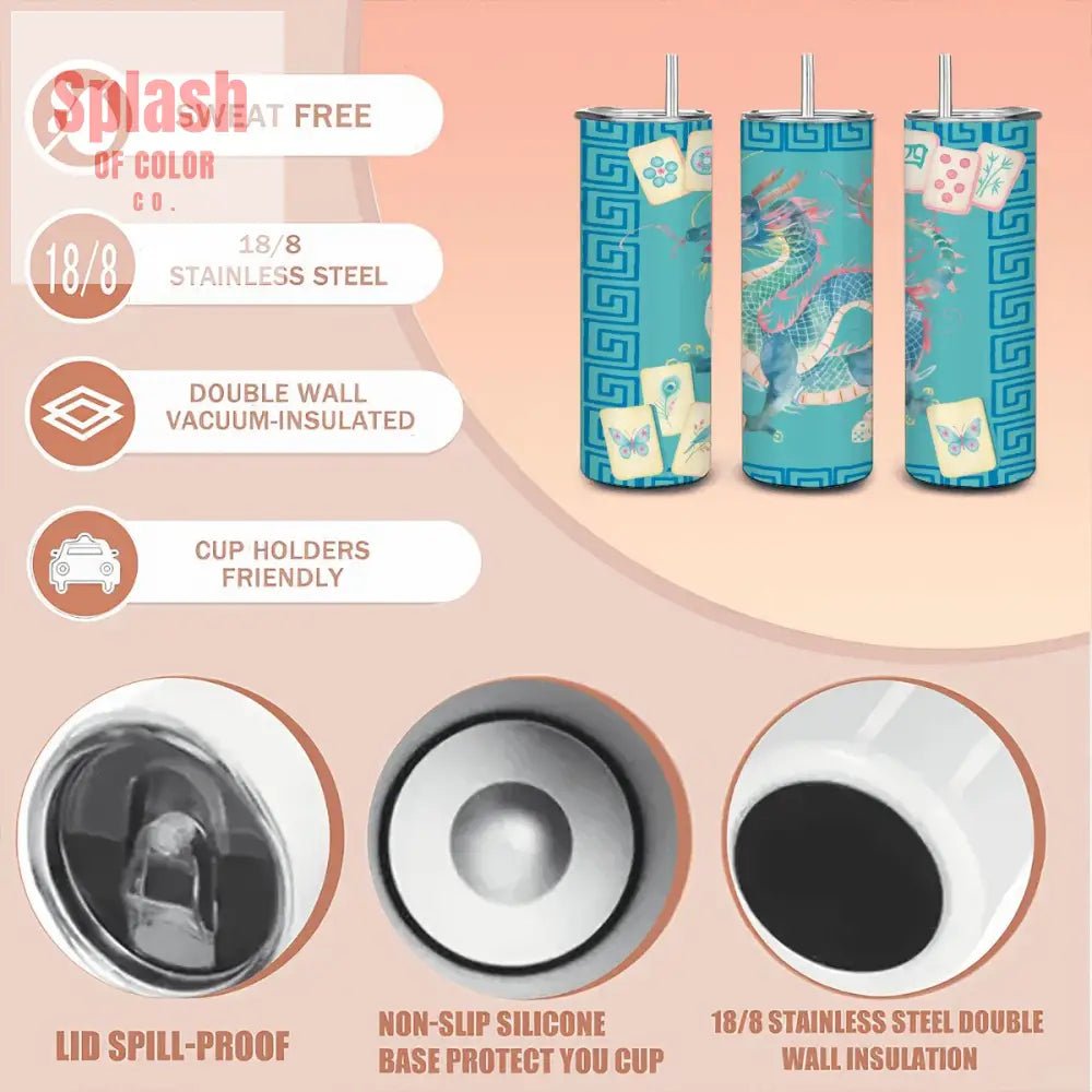 Chinese Watercolor Asian Dragon Mahjong Gift 20oz Straight Stainless Steel Tumbler with Straw - Splash of Color co.