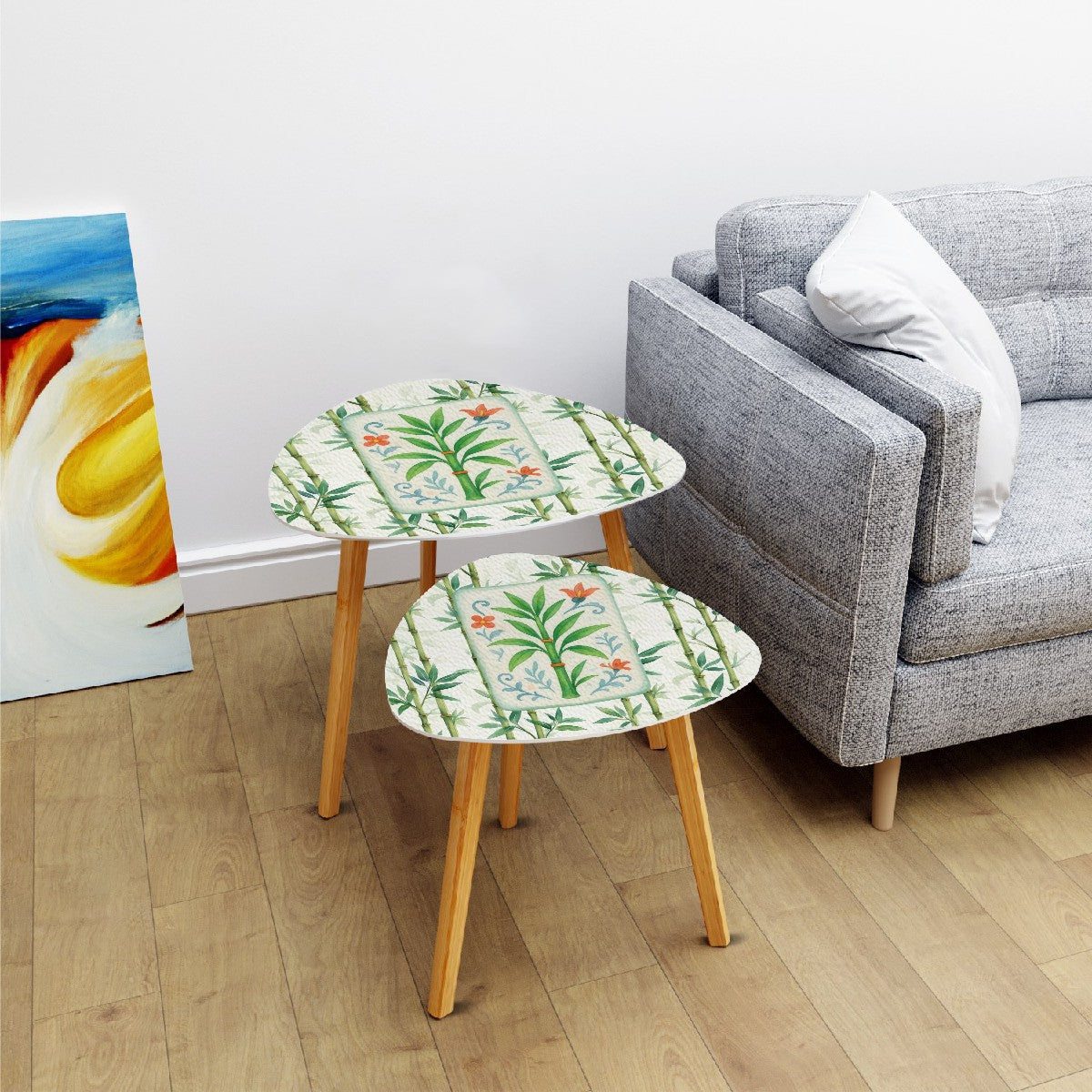 Chinoiserie Asian Bamboo Tiled Zen Modern Side Tables Triangle Coffee Table Set of 2 - One Size - Home Accessories