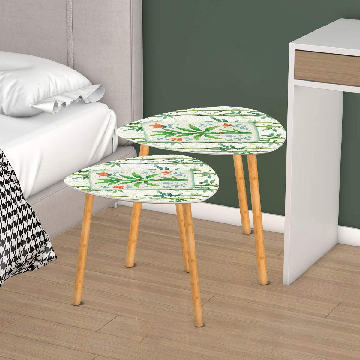 Chinoiserie Asian Bamboo Tiled Zen Modern Side Tables Triangle Coffee Table Set of 2 - One Size - Home Accessories