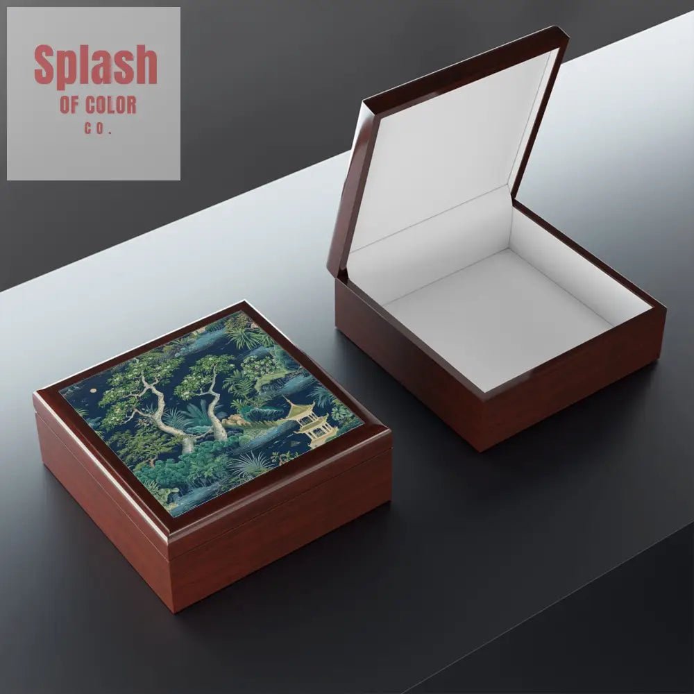Chinoiserie Asian Designed Pagoda Blue Green Elegant Nature - Themed Jewelry Box - Splash of Color co.