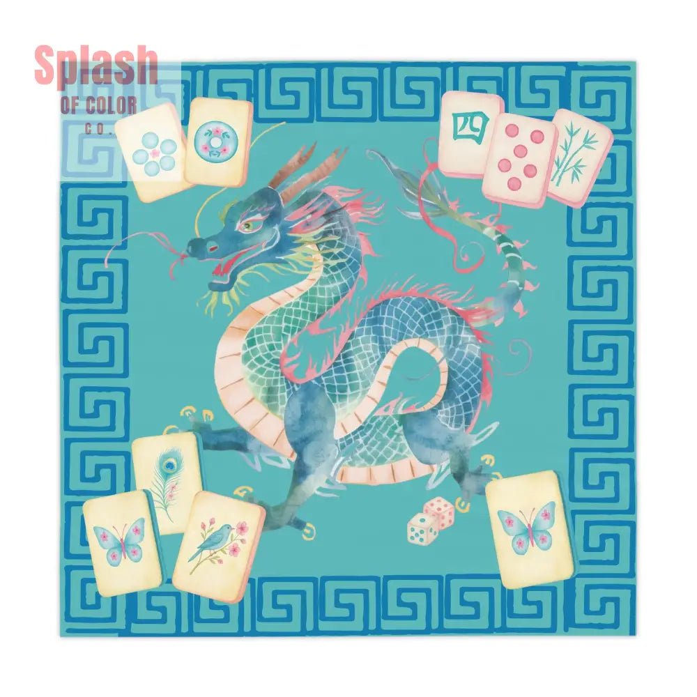 Chinoiserie Chinese Dragon Tablecloth Mahjong Tablecloth Blue Greek Key And Mahj Tiles Watercolor Design - Splash of Color co.