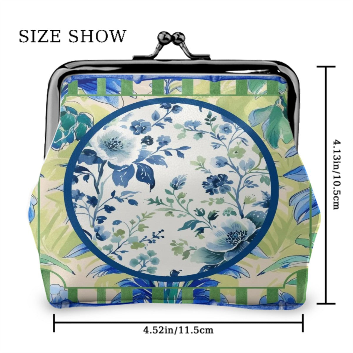 Chinoiserie Designed Green Blue Preppy Women’s Leather Kiss Lock Coin Purse - 4.5’’x4.1’’ - Wallet