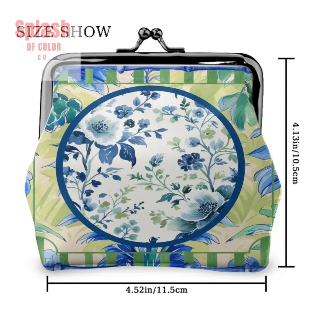 Chinoiserie Designed Green Blue Preppy Women’s Leather Kiss Lock Coin Purse - 4.5’’x4.1’’ - Wallet
