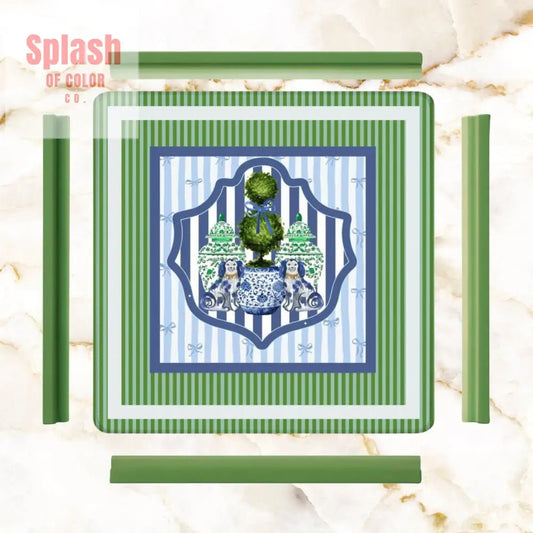 Chinoiserie Staffordshire Preppy Green Blue Striped Mahjong Mat - Splash of Color co.