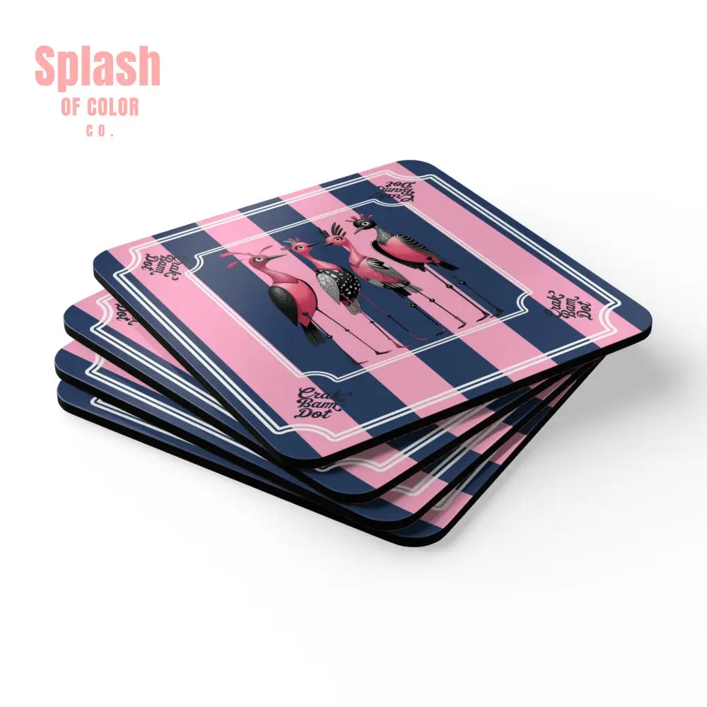 Crak Bam Dot Mahjong Cork Coasters Quirky Chic Bird. Preppy Pink Blue Striped Mahj Queen Coaster Gift Set - Cork