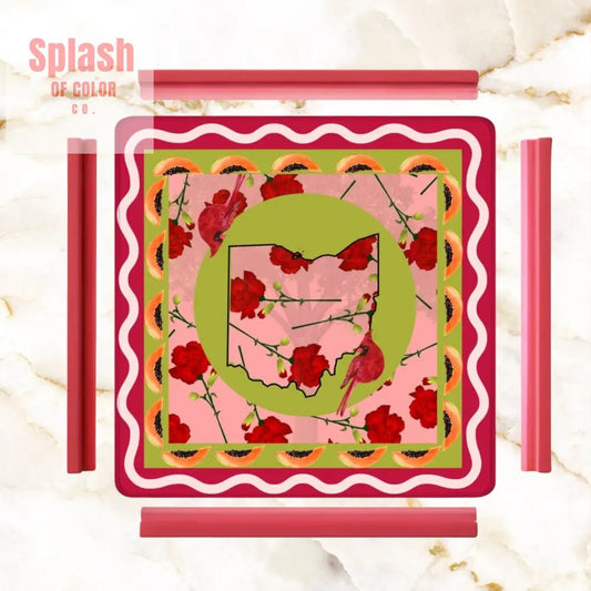 Crimson Red, Ohio State Pride Whimsical Mahjong Game Mat, Cardinals, Carnations And Pawpaws - Splash of Color co.