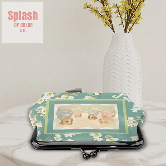 Cute Dogs Playing Mahjong Asian Floral Designed Kiss Lock Coin Purse 4.5’’x4.1’’ Wallet