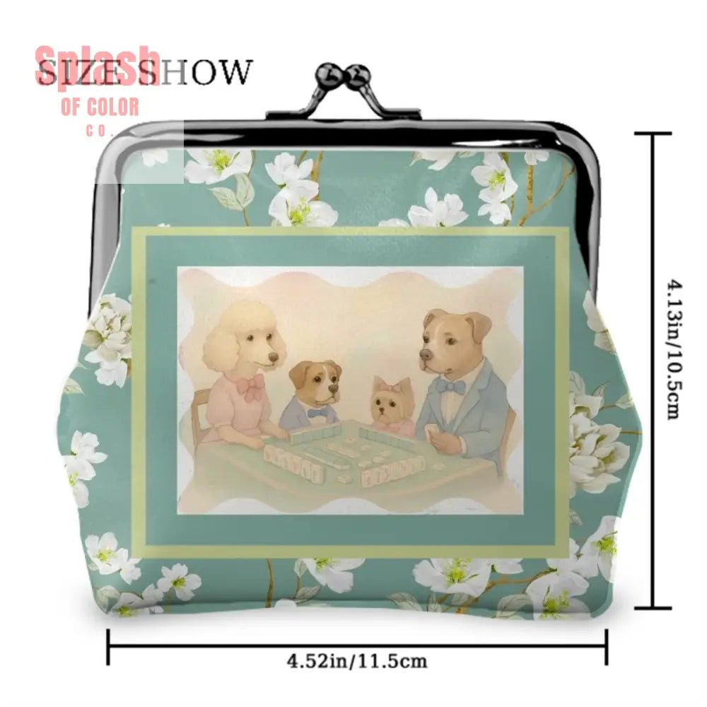 Cute Dogs Playing Mahjong Asian Floral Designed Kiss Lock Coin Purse 4.5’’x4.1’’ Wallet