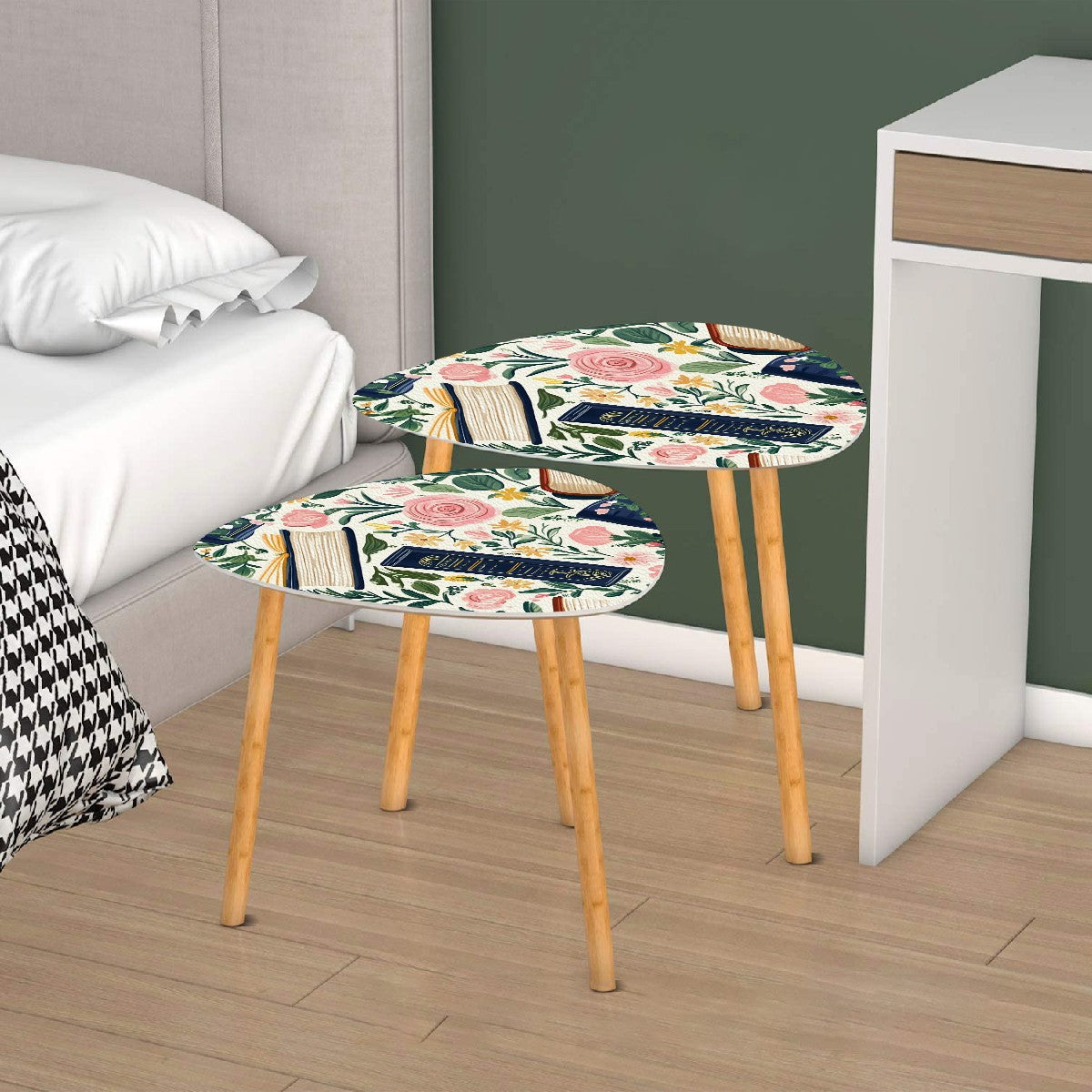 Cozy Book Nook Modern Floral Designed Book Lover Nesting Tables