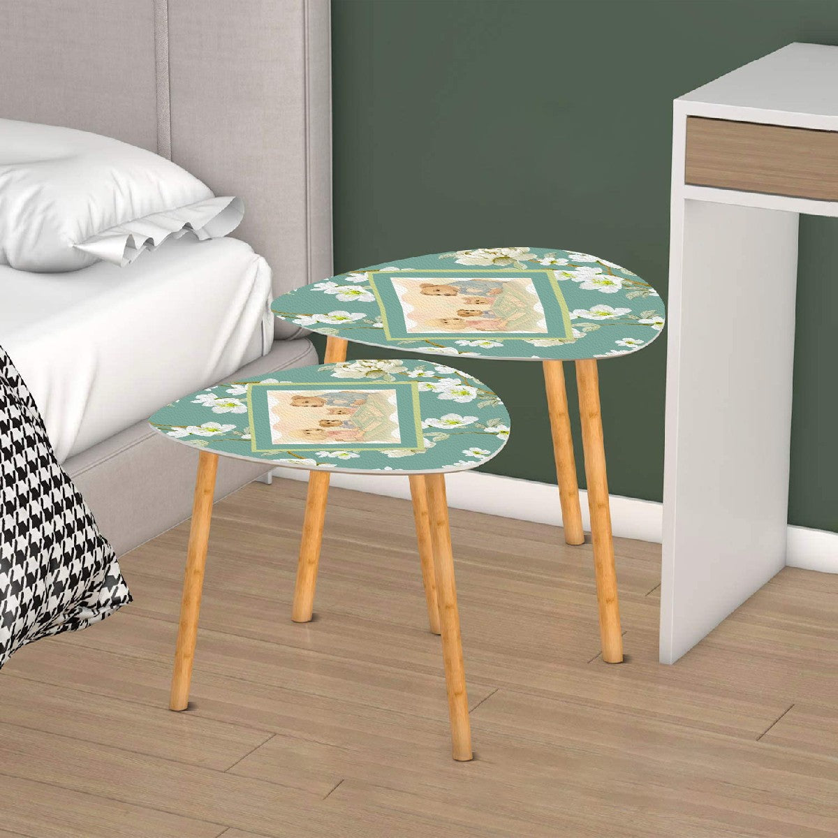 Floral Asian Dogs Playing Mahjong Whimsical Snack Nesting Tables For Mahj Night