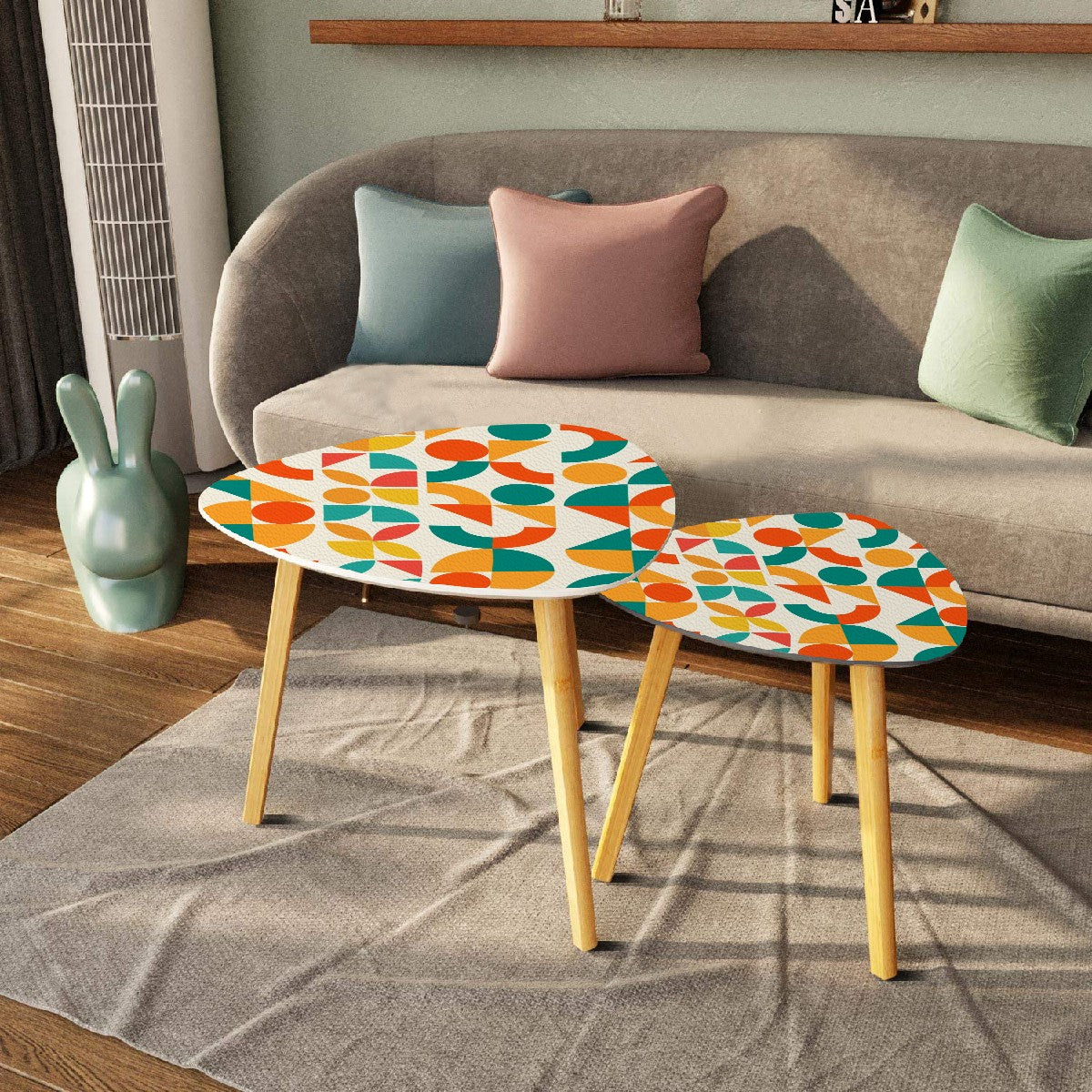 Geometric Orange, Teal Yellow, Color Pop Modern Nesting Triangle Coffee Table Set of 2