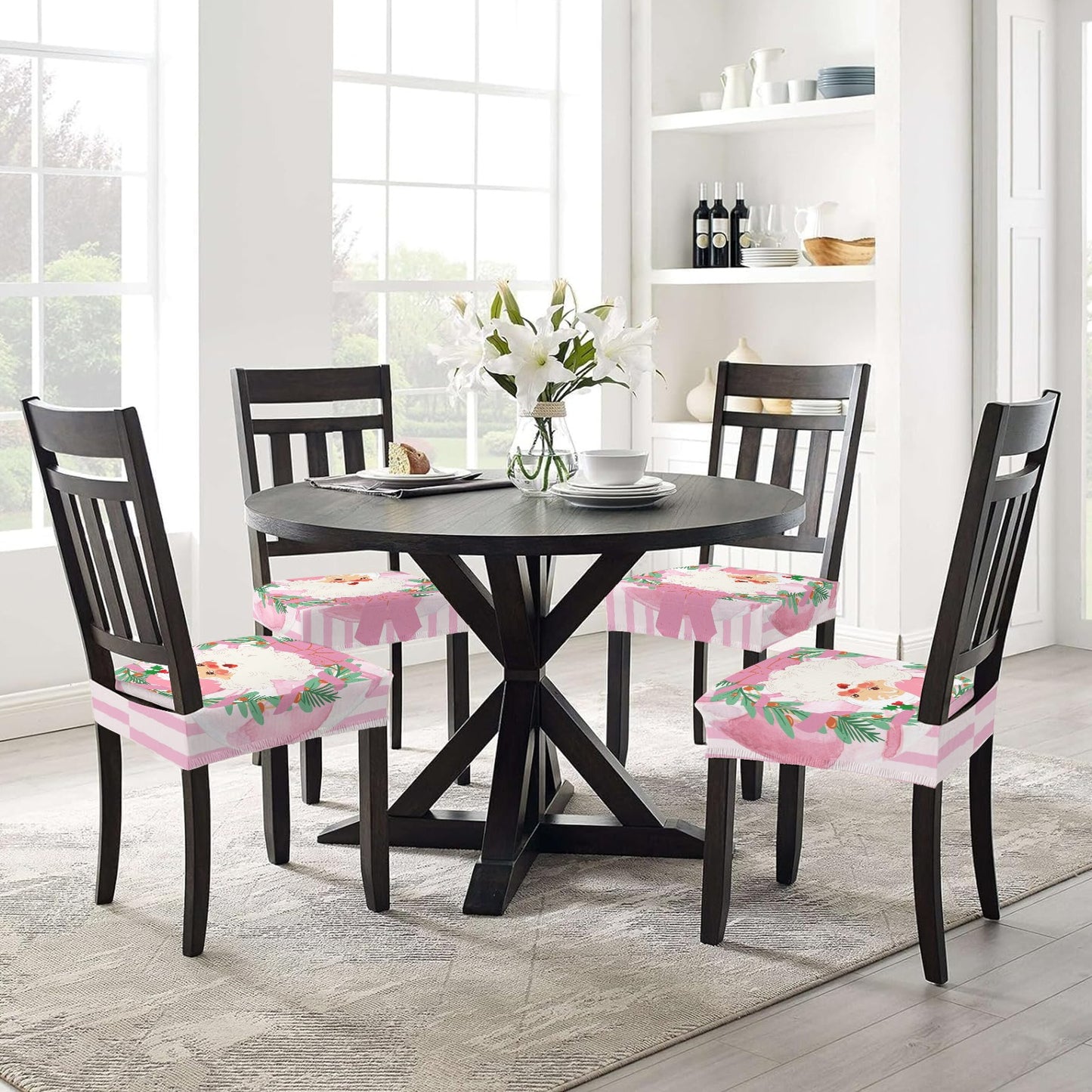 Vintage Santa Pink Green Striped Festive Christmas Chair Covers