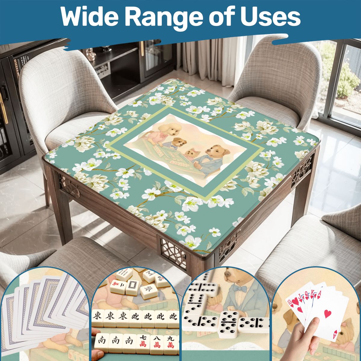 Dogs Playing Mahjong Mat Whimsical Floral Asian Designed Neoprene Mahj Mat