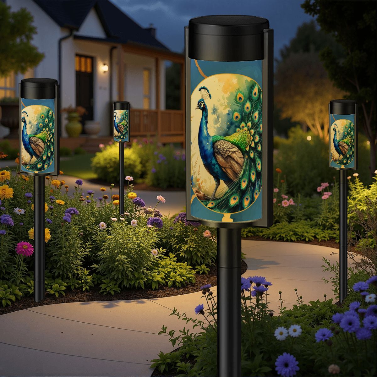 Peacock Watercolor Floral Asian Zen Garden Floral Outdoor Solar Lights